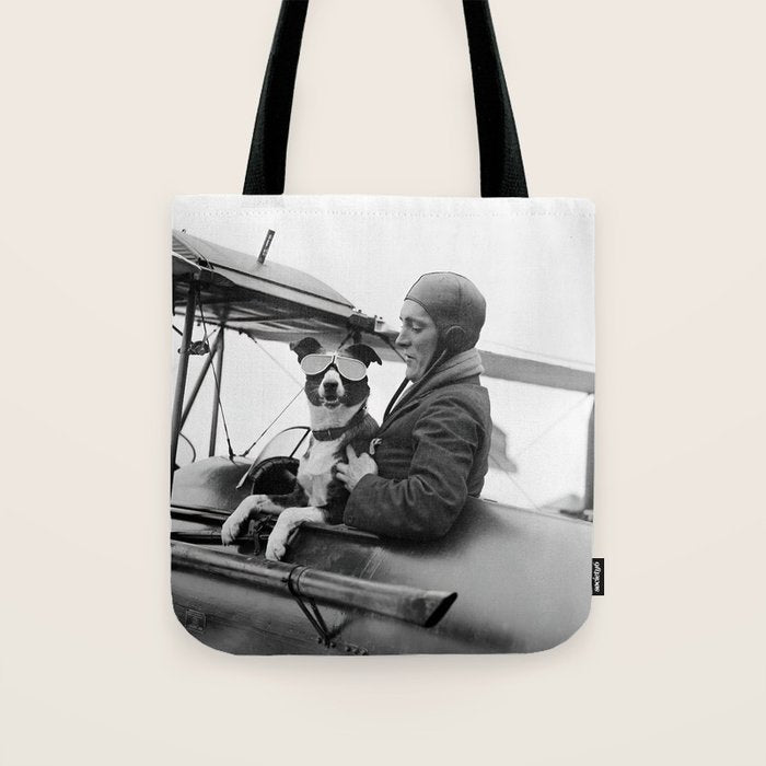 Woman Pilot and Dog, Black and White Vintage Art Tote Bag Gallery Image 1