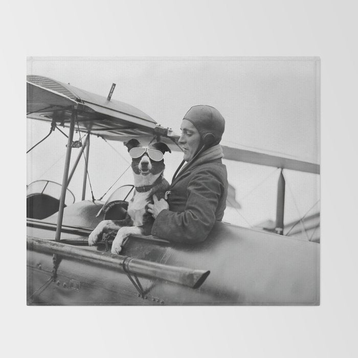Woman Pilot and Dog, Black and White Vintage Art Throw Blanket Gallery Image 2