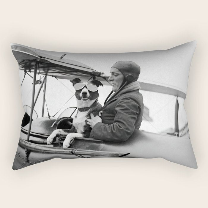 Woman Pilot and Dog, Black and White Vintage Art Rectangular Pillow Gallery Image 1