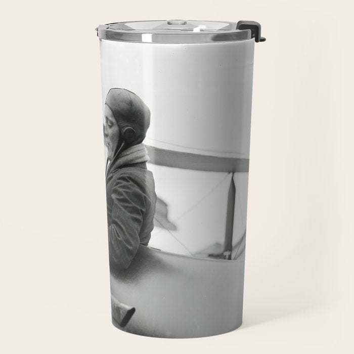 Woman Pilot and Dog, Black and White Vintage Art Travel Mug Gallery Image 2