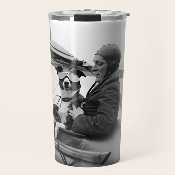 Woman Pilot and Dog, Black and White Vintage Art Travel Mug Gallery Image 1