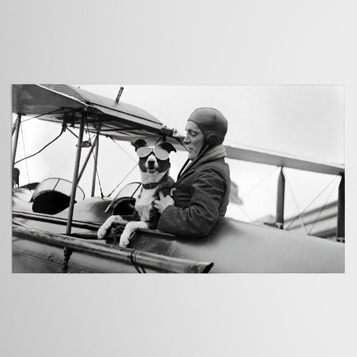 Woman Pilot and Dog, Black and White Vintage Art Tablecloth Gallery Image 2