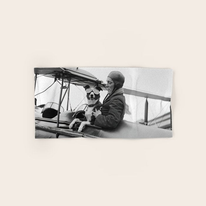 Woman Pilot and Dog, Black and White Vintage Art Bath Towel Gallery Image 1