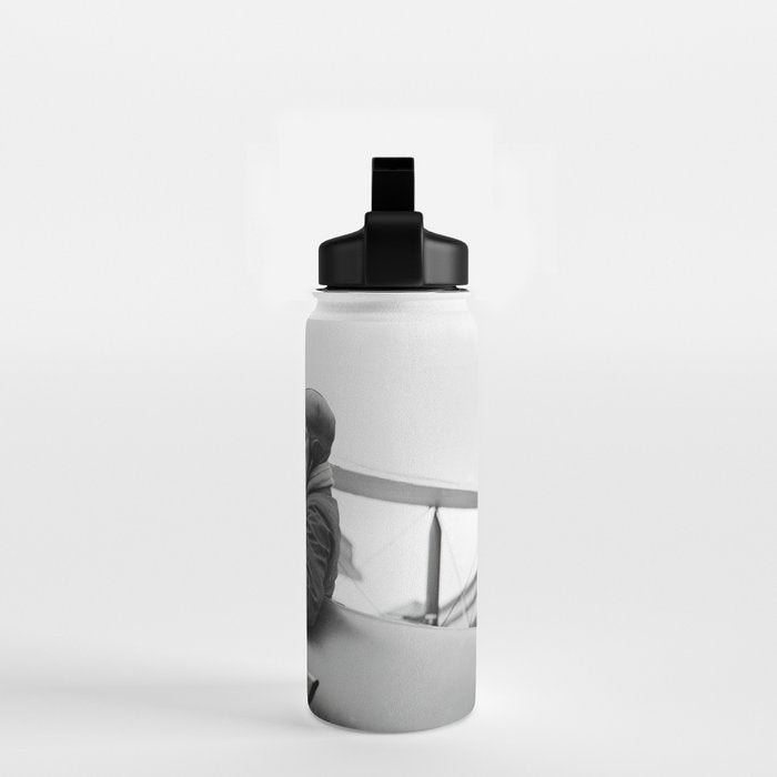 Woman Pilot and Dog, Black and White Vintage Art Water Bottle Gallery Image 2