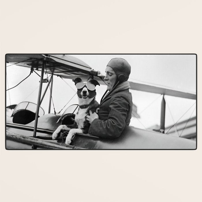 Woman Pilot and Dog, Black and White Vintage Art Desk Mat Gallery Image 3
