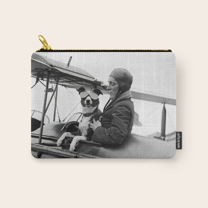 Woman Pilot and Dog, Black and White Vintage Art Carry All Pouch Gallery Image 1
