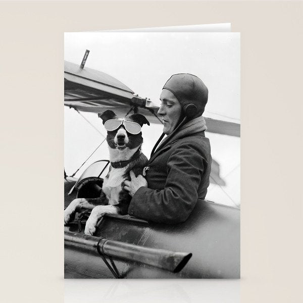 Woman Pilot and Dog, Black and White Vintage Art Stationery Card Gallery Image 2