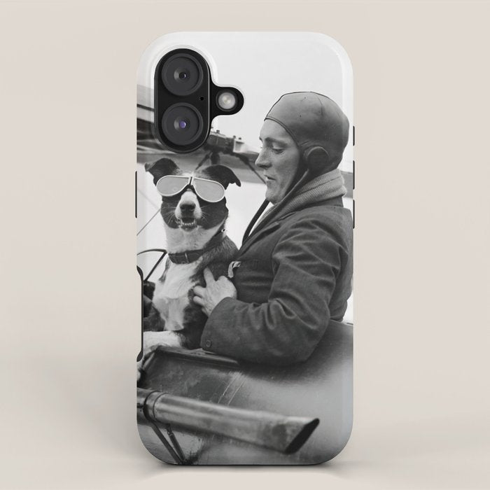 Woman Pilot and Dog, Black and White Vintage Art iPhone Case Gallery Image 1