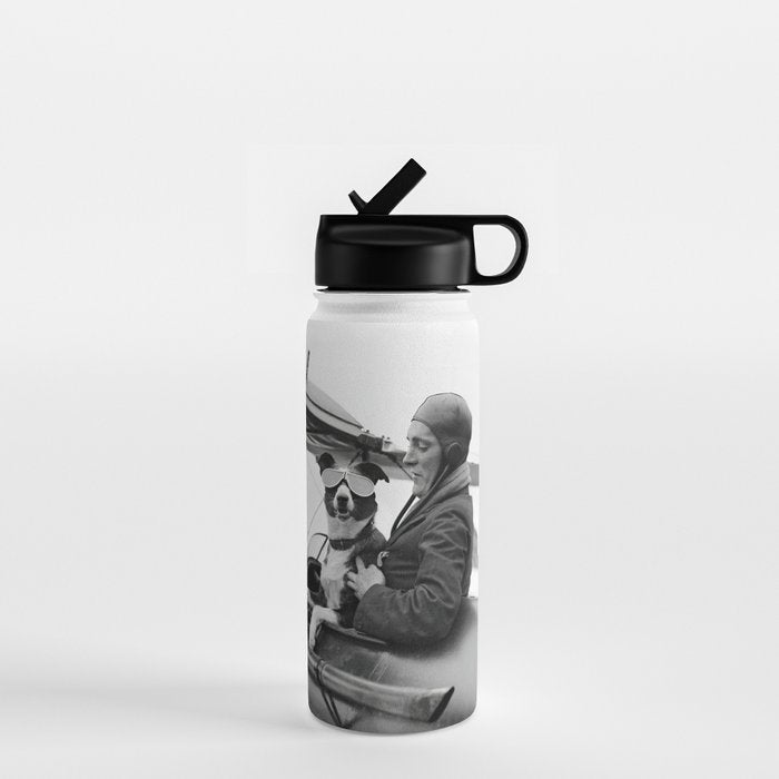 Woman Pilot and Dog, Black and White Vintage Art Water Bottle Gallery Image 1