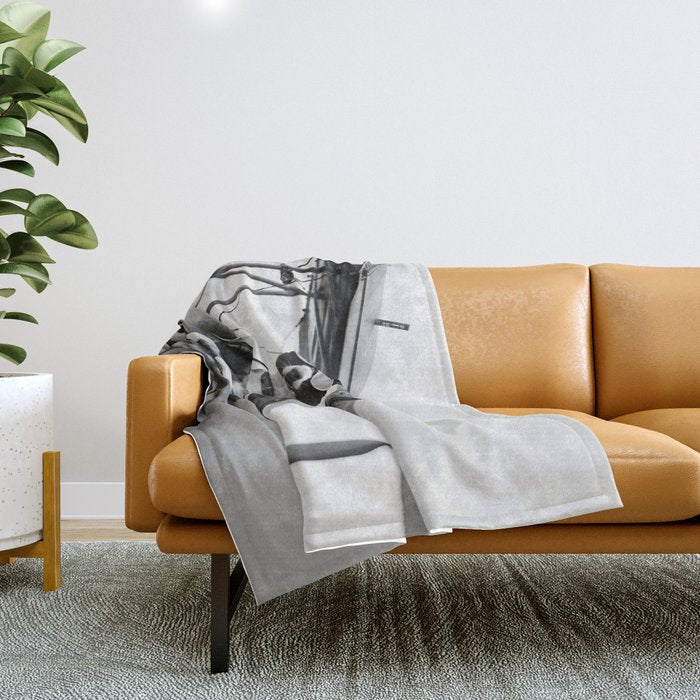 Woman Pilot and Dog, Black and White Vintage Art Throw Blanket Gallery Image 1