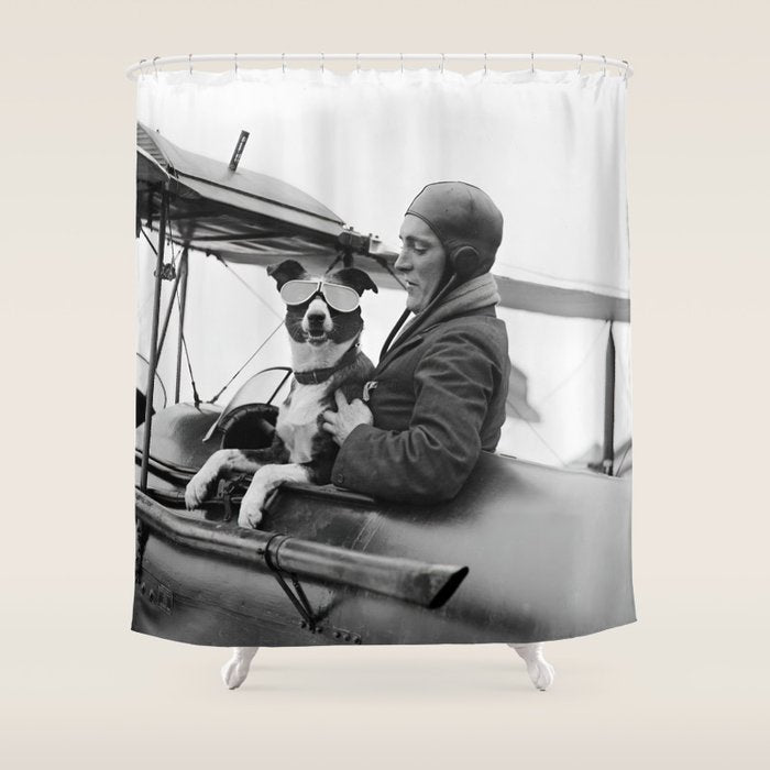 Woman Pilot and Dog, Black and White Vintage Art Shower Curtain Gallery Image 1