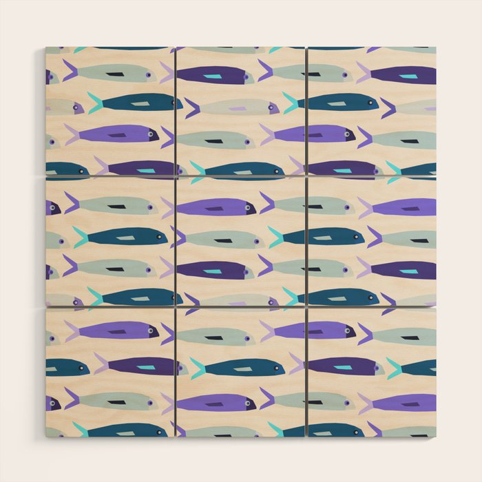 Blue Sardines Pattern Wood Wall Art Gallery Image 1