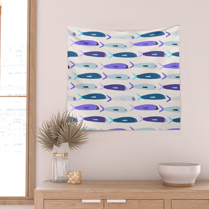Blue Sardines Pattern Wall Tapestry Gallery Image 2