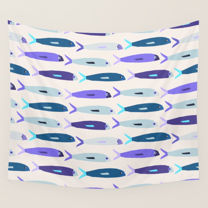 Blue Sardines Pattern Wall Tapestry Gallery Image 4