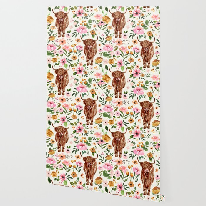Cate & Rainn® Charlotte Floral Highland Cow Wallpaper Gallery Image 2