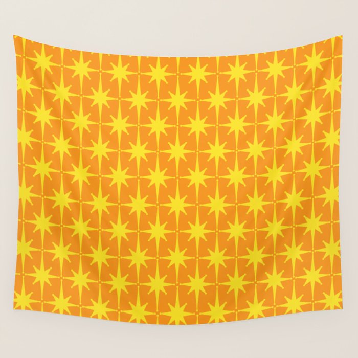 Mid Century Modern Atomic Age Starburst Pattern in Retro Orange and Yellow Wall Tapestry Gallery Image 4