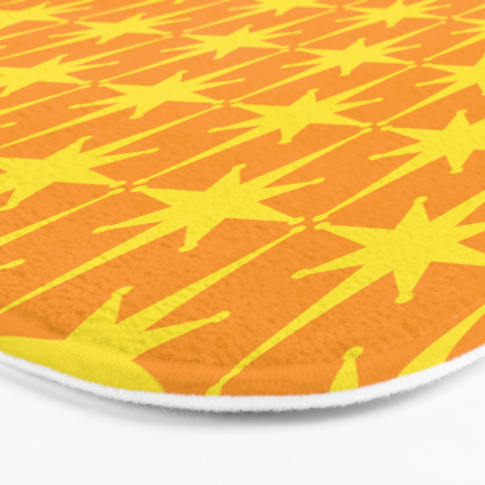 Mid Century Modern Atomic Age Starburst Pattern in Retro Orange and Yellow Bath Mat Gallery Image 3