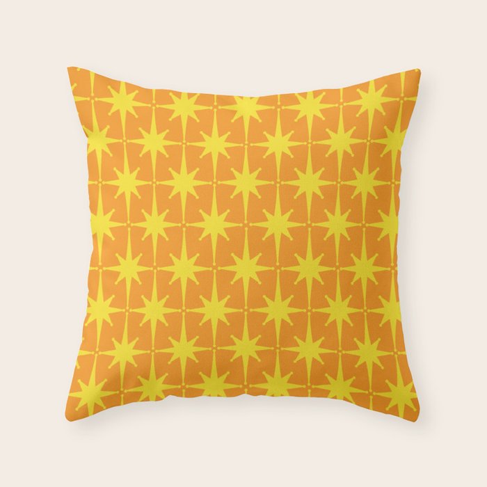 Mid Century Modern Atomic Age Starburst Pattern in Retro Orange and Yellow Throw Pillow Gallery Image 1