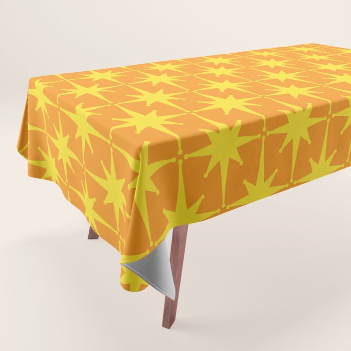 Mid Century Modern Atomic Age Starburst Pattern in Retro Orange and Yellow Tablecloth Gallery Image 1