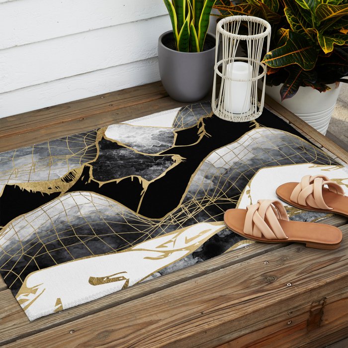 Minimal Black and Gold Mountains Outdoor Rug Gallery Image 2