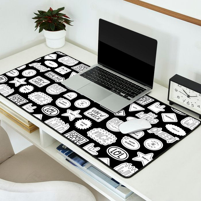 Funny black and white cartoon sticker quote pattern Desk Mat Gallery Image 2
