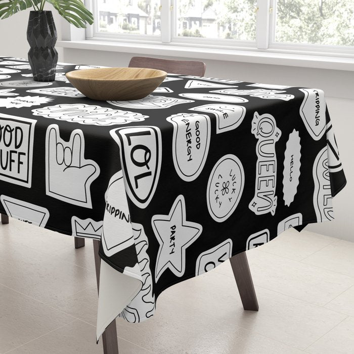 Funny black and white cartoon sticker quote pattern Tablecloth Gallery Image 3