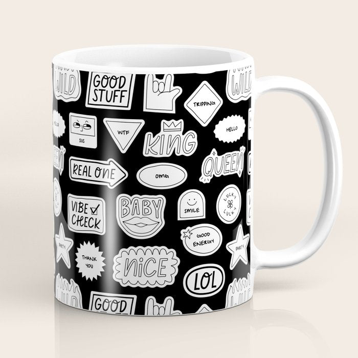 Funny black and white cartoon sticker quote pattern Coffee Mug Gallery Image 1