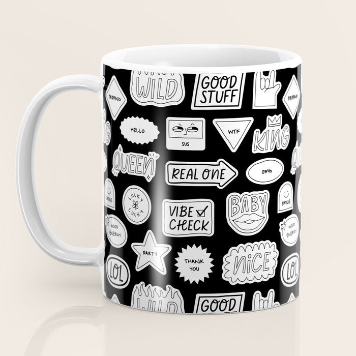 Funny black and white cartoon sticker quote pattern Coffee Mug Gallery Image 3