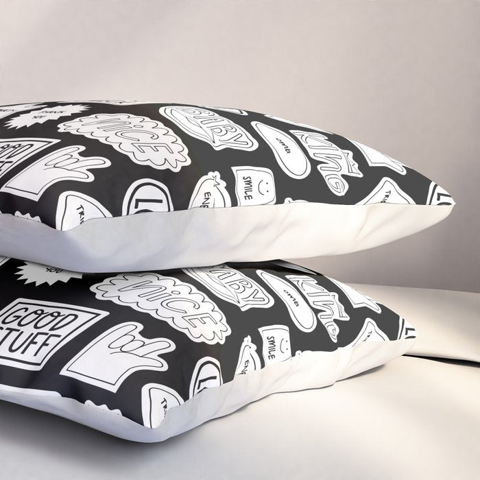 Funny black and white cartoon sticker quote pattern Pillow Sham Gallery Image 3