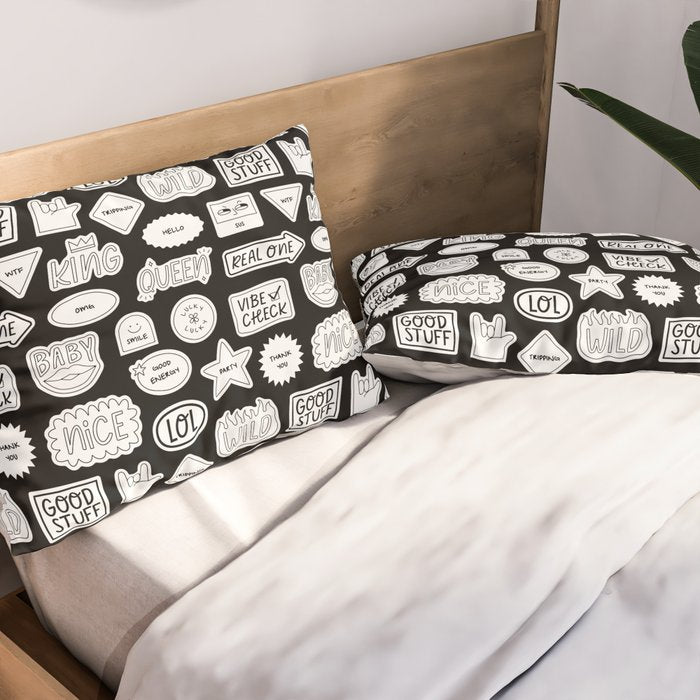 Funny black and white cartoon sticker quote pattern Pillow Sham Gallery Image 2