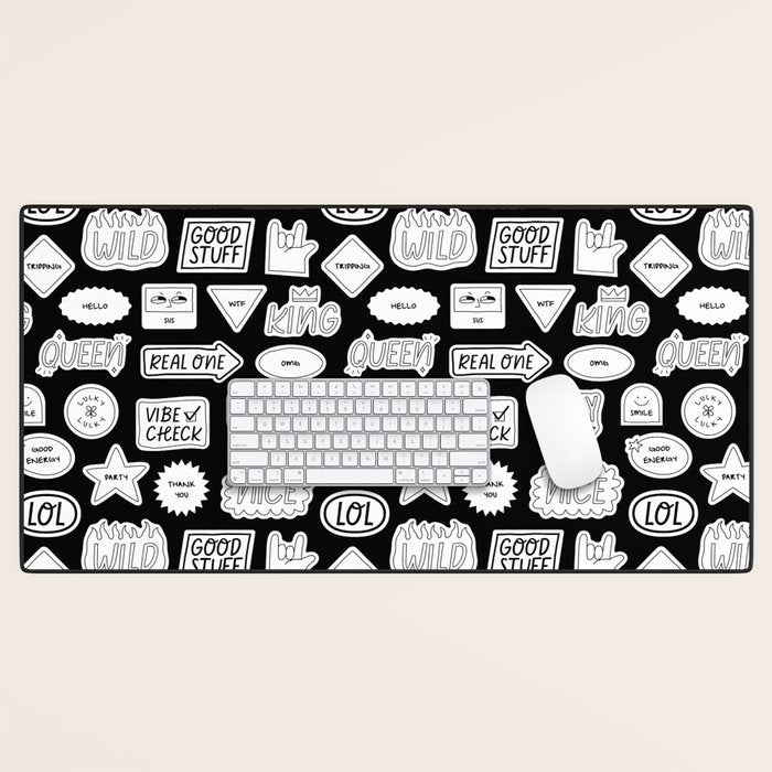 Funny black and white cartoon sticker quote pattern Desk Mat Gallery Image 1