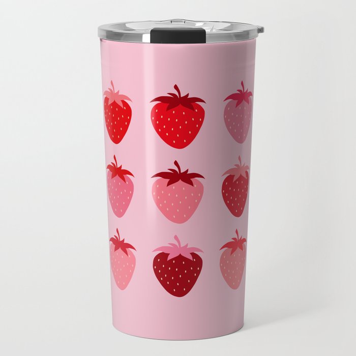 Abstract Retro Fruit Print Pink And Red Aesthetic Modern Preppy Strawberries Travel Mug Gallery Image 1