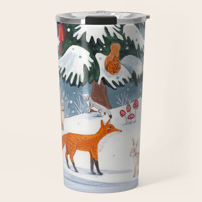 Animals in a Snowy Winter Forest Travel Mug Gallery Image 1