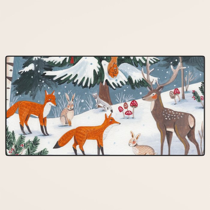Animals in a Snowy Winter Forest Desk Mat Gallery Image 3