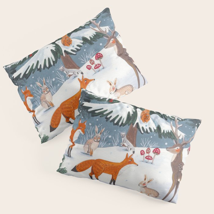 Animals in a Snowy Winter Forest Pillow Sham Gallery Image 1