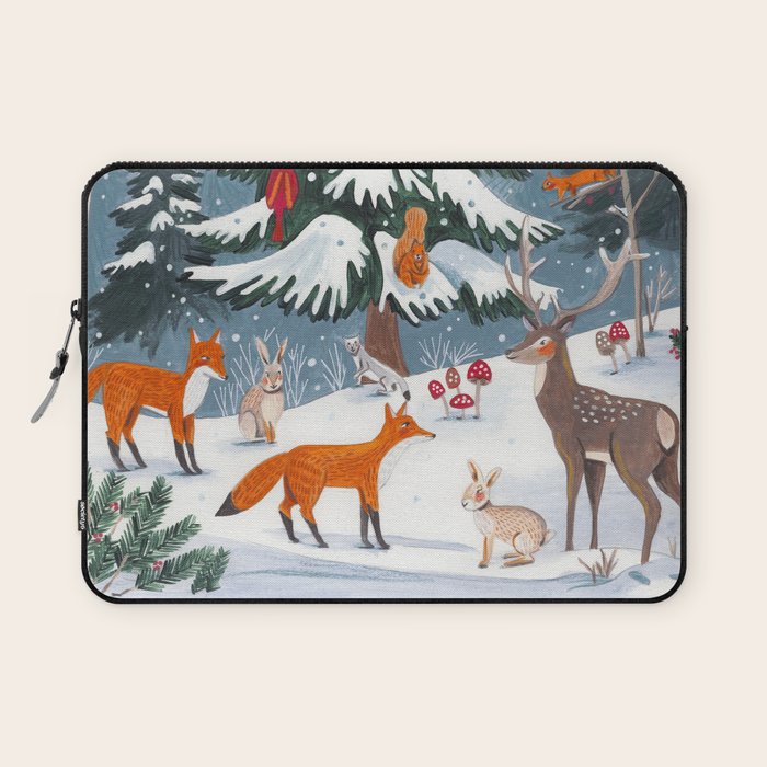 Animals in a Snowy Winter Forest Laptop Sleeve Gallery Image 1