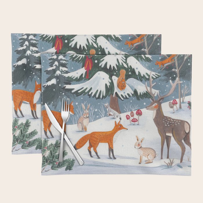 Animals in a Snowy Winter Forest Placemat Gallery Image 1
