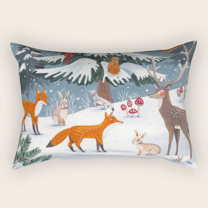 Animals in a Snowy Winter Forest Rectangular Pillow Gallery Image 2