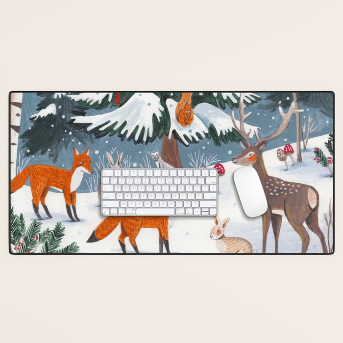 Animals in a Snowy Winter Forest Desk Mat Gallery Image 1