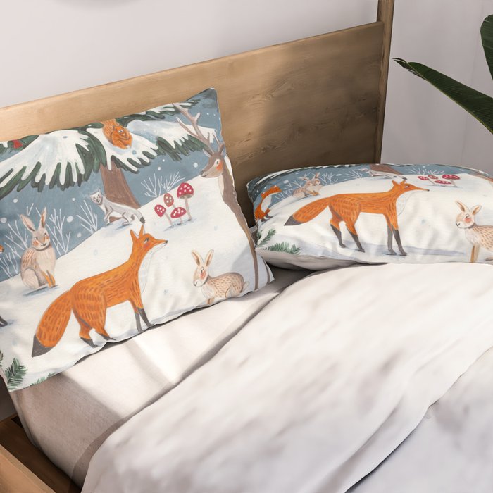 Animals in a Snowy Winter Forest Pillow Sham Gallery Image 2