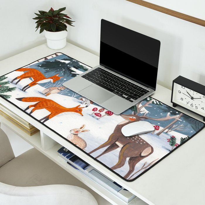 Animals in a Snowy Winter Forest Desk Mat Gallery Image 2