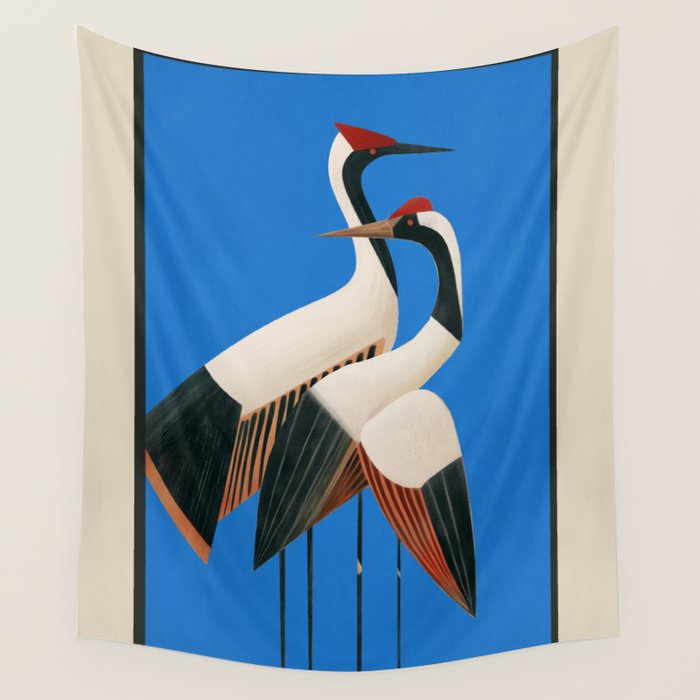 Stillness in Motion - Abstract Cranes in Blue Wall Tapestry Gallery Image 1