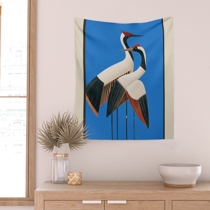 Stillness in Motion - Abstract Cranes in Blue Wall Tapestry Gallery Image 2