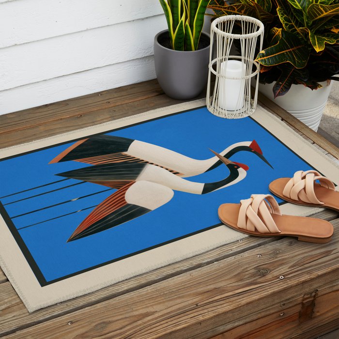 Stillness in Motion - Abstract Cranes in Blue Outdoor Rug Gallery Image 2