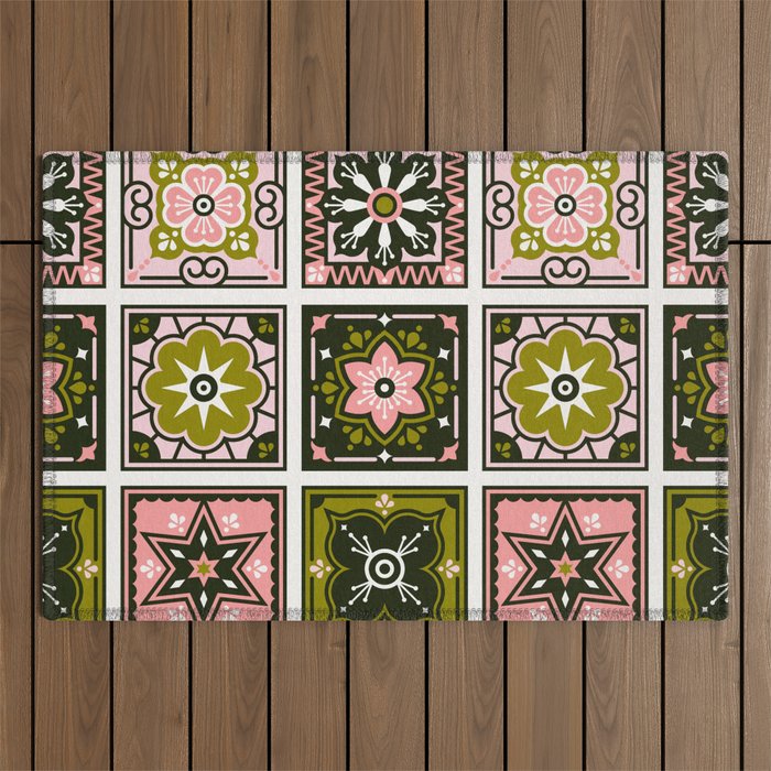 Talavera Mexican Tile - Blush & Sage Palette Outdoor Rug Gallery Image 1