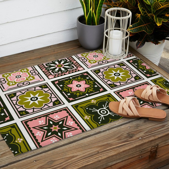 Talavera Mexican Tile - Blush & Sage Palette Outdoor Rug Gallery Image 2