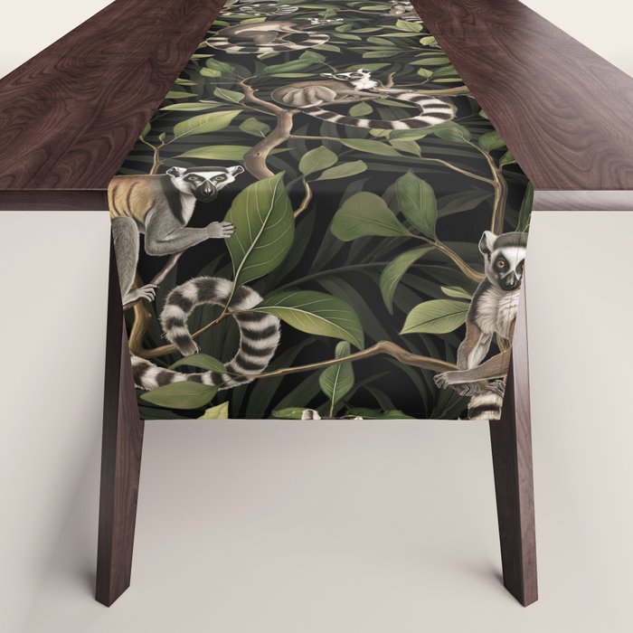 Lush Tropical Lemur Monkey Paradise Black Table Runner Gallery Image 1