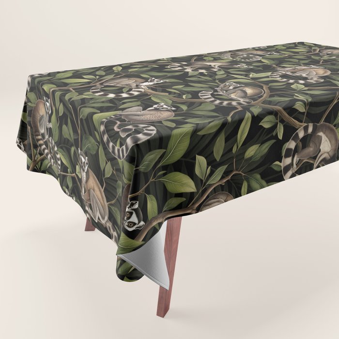 Lush Tropical Lemur Monkey Paradise Black Tablecloth Gallery Image 1