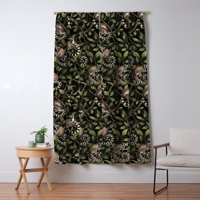 Lush Tropical Lemur Monkey Paradise Black Window Curtain Gallery Image 5