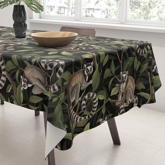 Lush Tropical Lemur Monkey Paradise Black Tablecloth Gallery Image 3